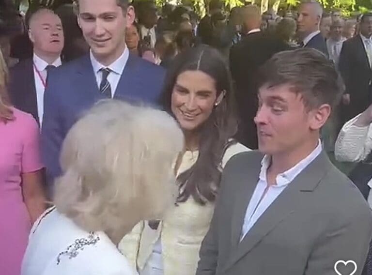 Fancy meeting you here… the Queen shakes hands with Tom Daley at the British ambassador’s residence