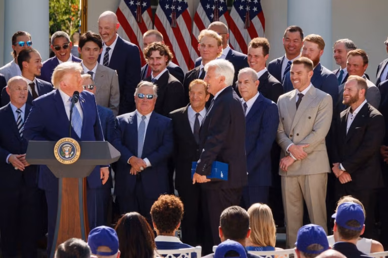 Lip reader works out what two Dodgers player say as Donald Trump greets MLB team